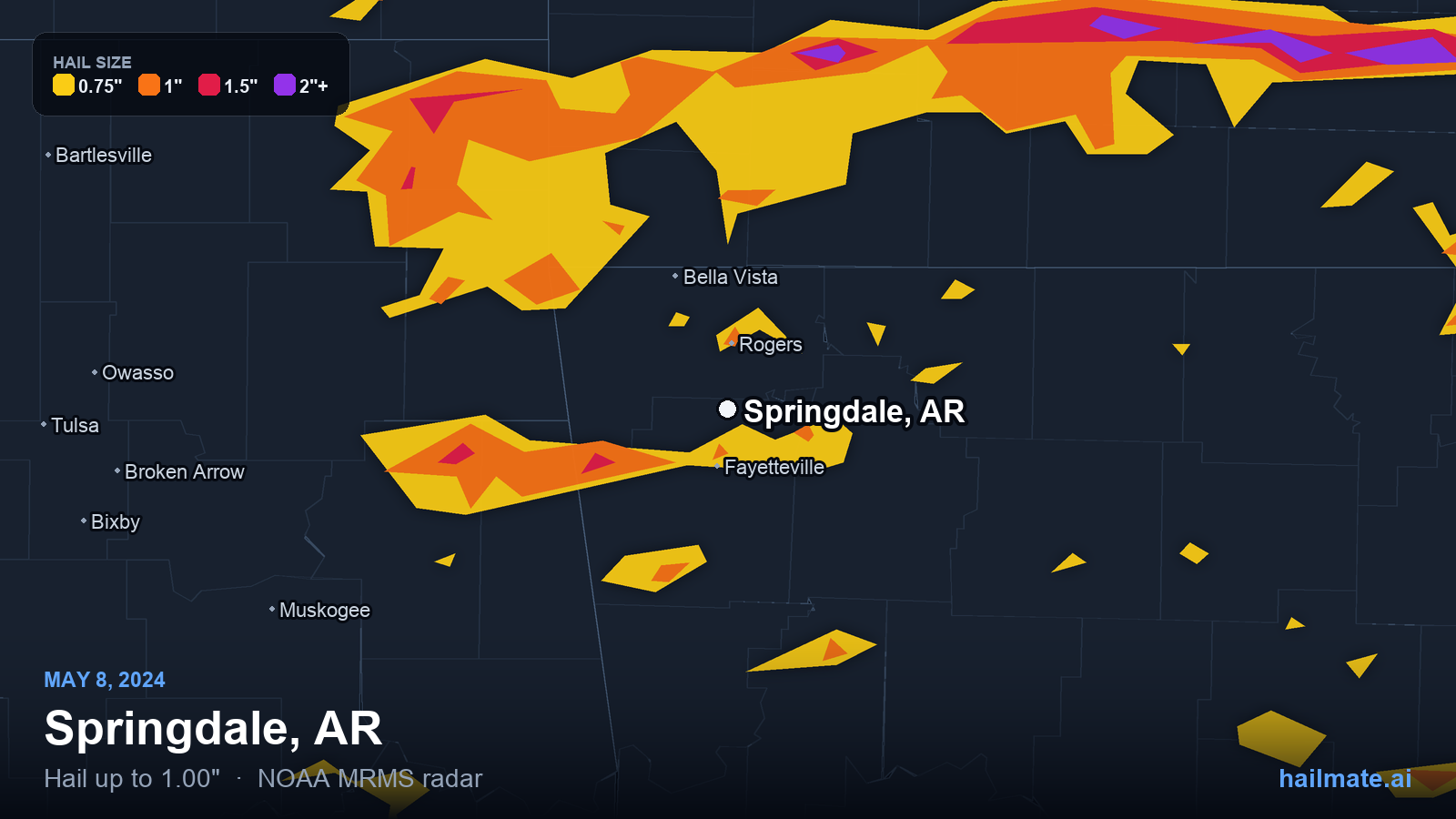 Hail swath map for Springdale, AR on May 8, 2024 showing 1.00 inch hail.