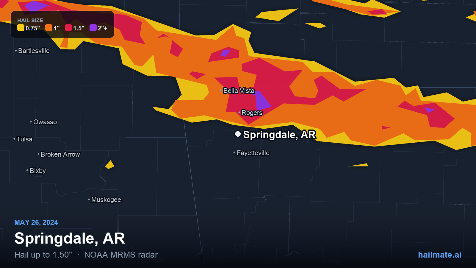 Hail swath map for Springdale, AR on May 26, 2024 showing 1.50 inch hail.