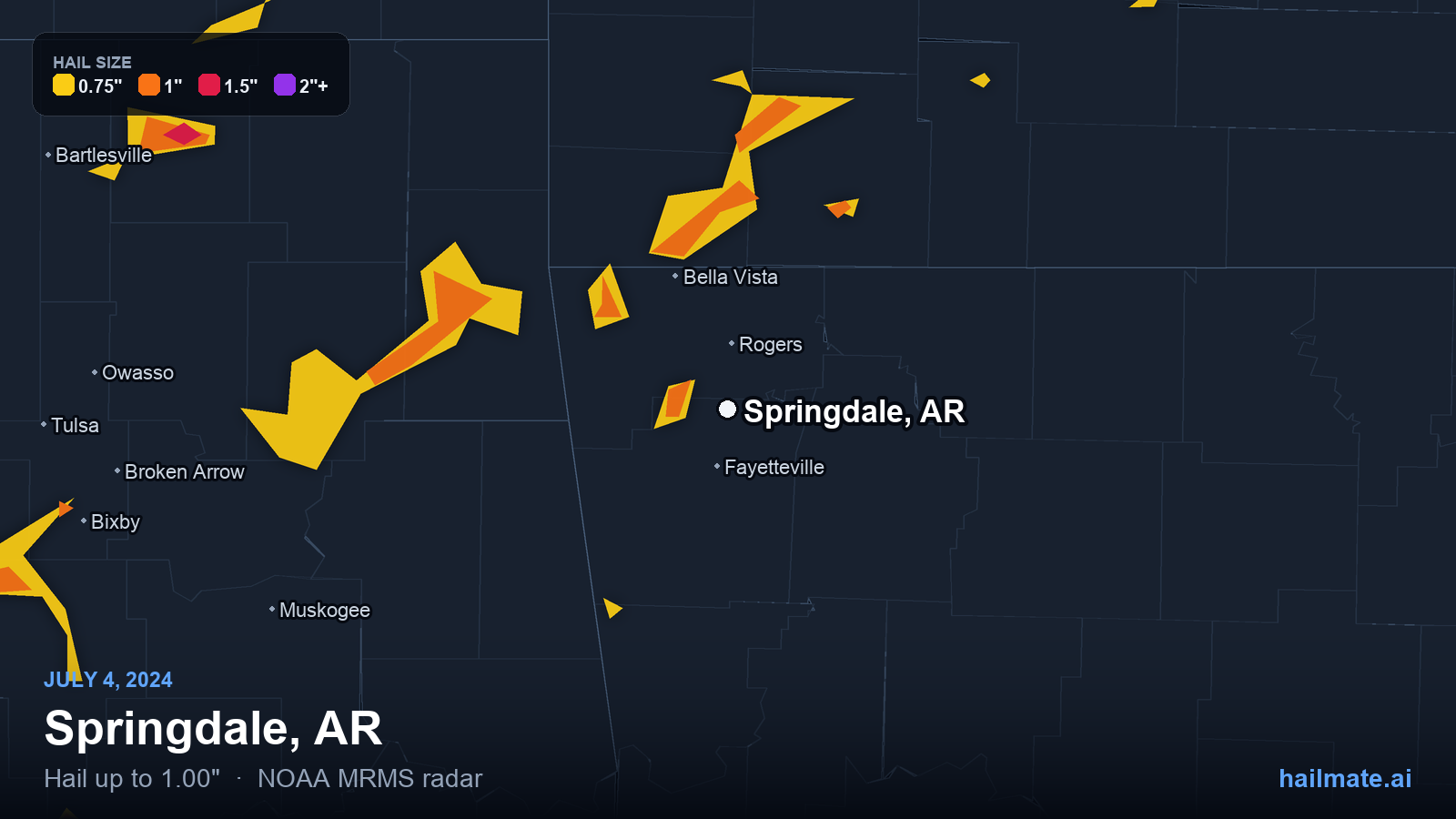 Hail swath map for Springdale, AR on July 4, 2024 showing 1.00 inch hail.