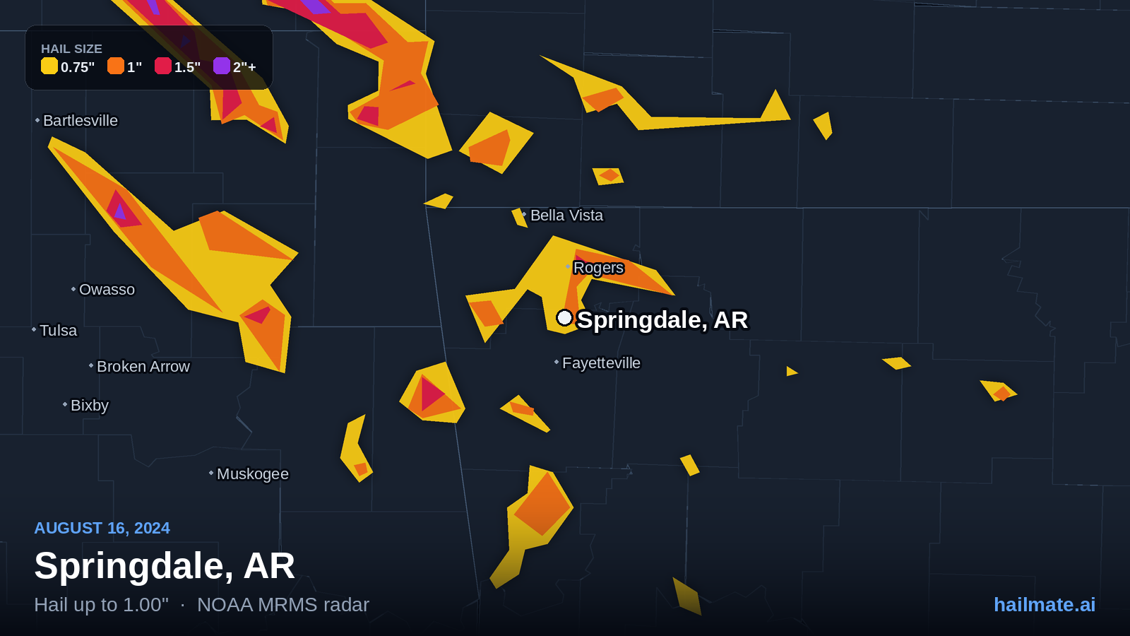Hail swath map for Springdale, AR on August 16, 2024 showing 1.00 inch hail.