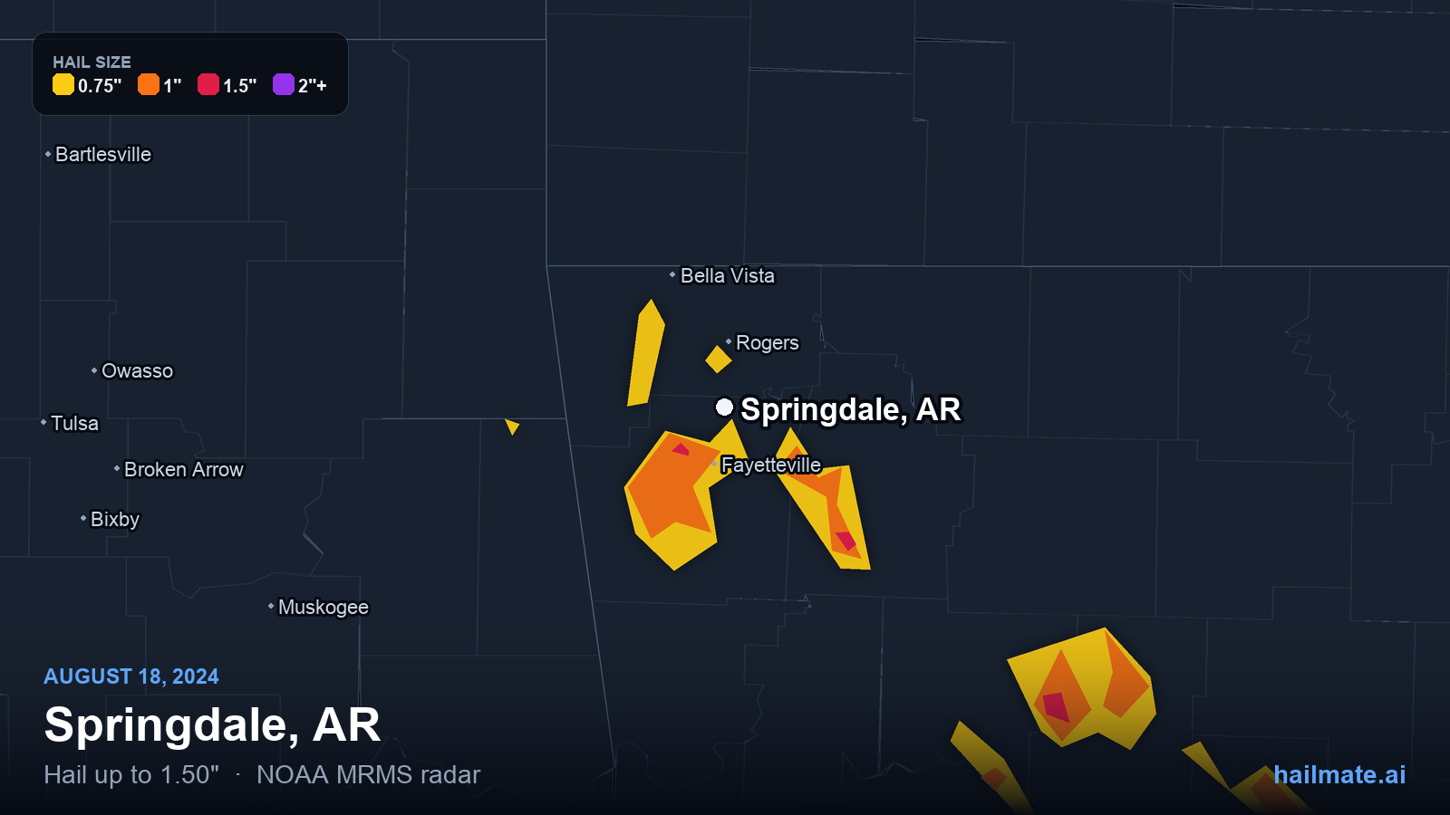 Hail swath map for Springdale, AR on August 18, 2024 showing 1.50 inch hail.