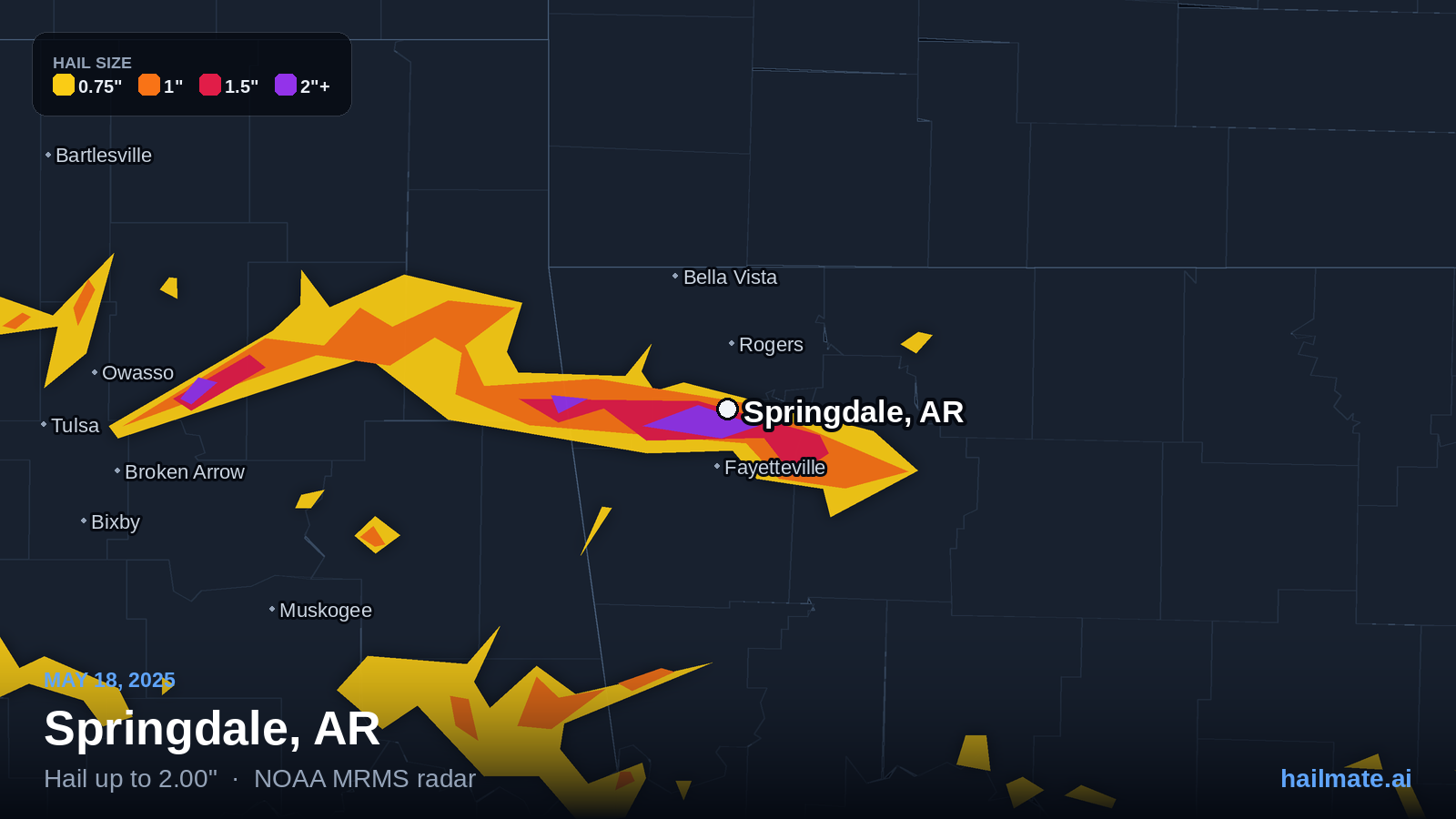 Hail swath map for Springdale, AR on May 18, 2025 showing 2.00 inch hail.