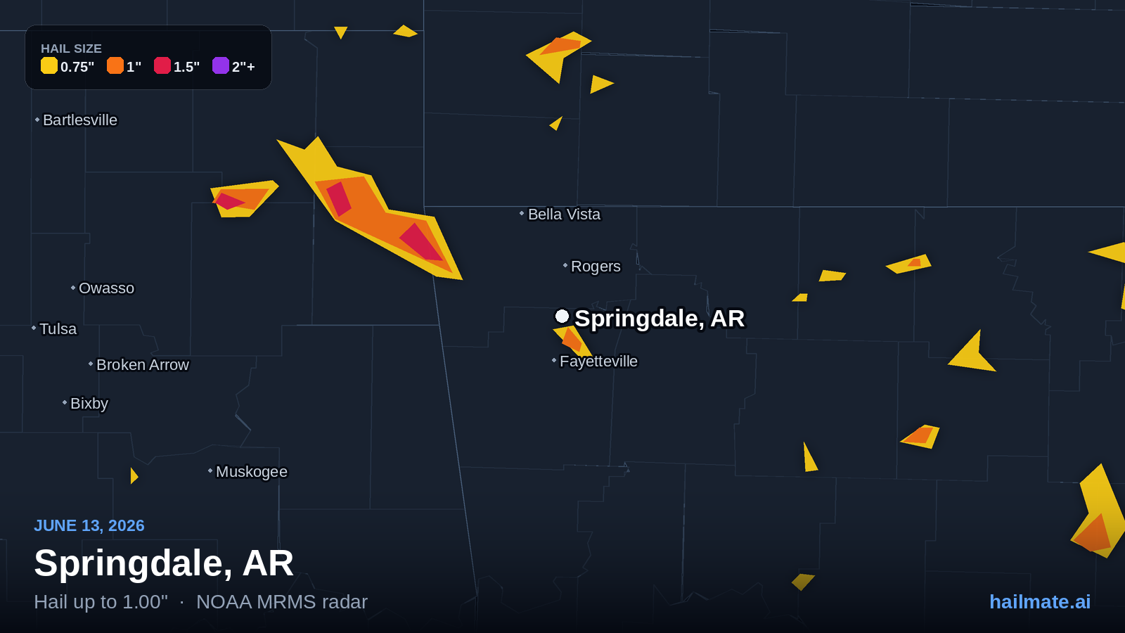 Hail swath map for Springdale, AR on June 13, 2026 showing 1.00 inch hail.