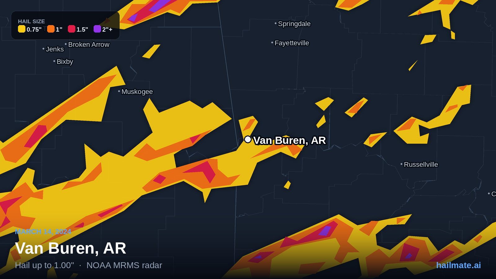 Hail swath map for Van Buren, AR on March 14, 2024 showing 1.00 inch hail.