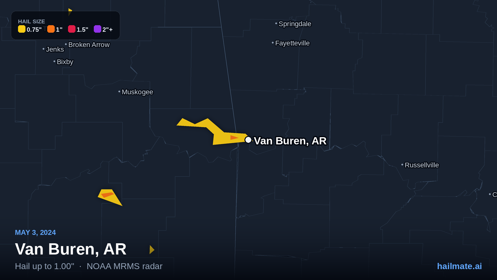 Hail swath map for Van Buren, AR on May 3, 2024 showing 1.00 inch hail.