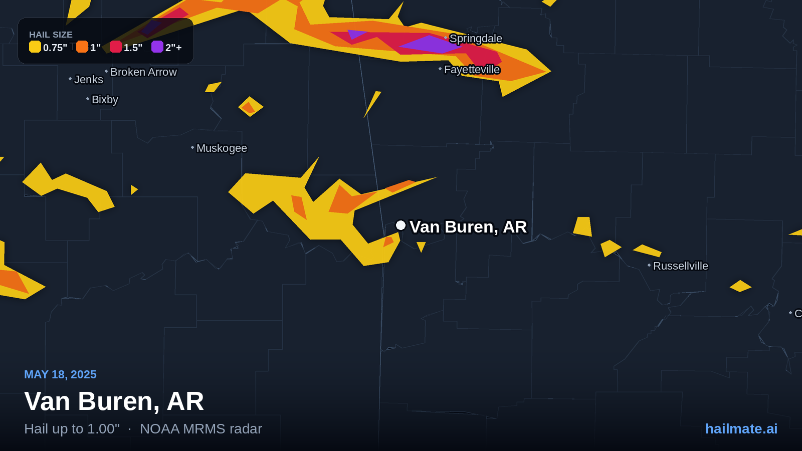 Hail swath map for Van Buren, AR on May 18, 2025 showing 1.00 inch hail.