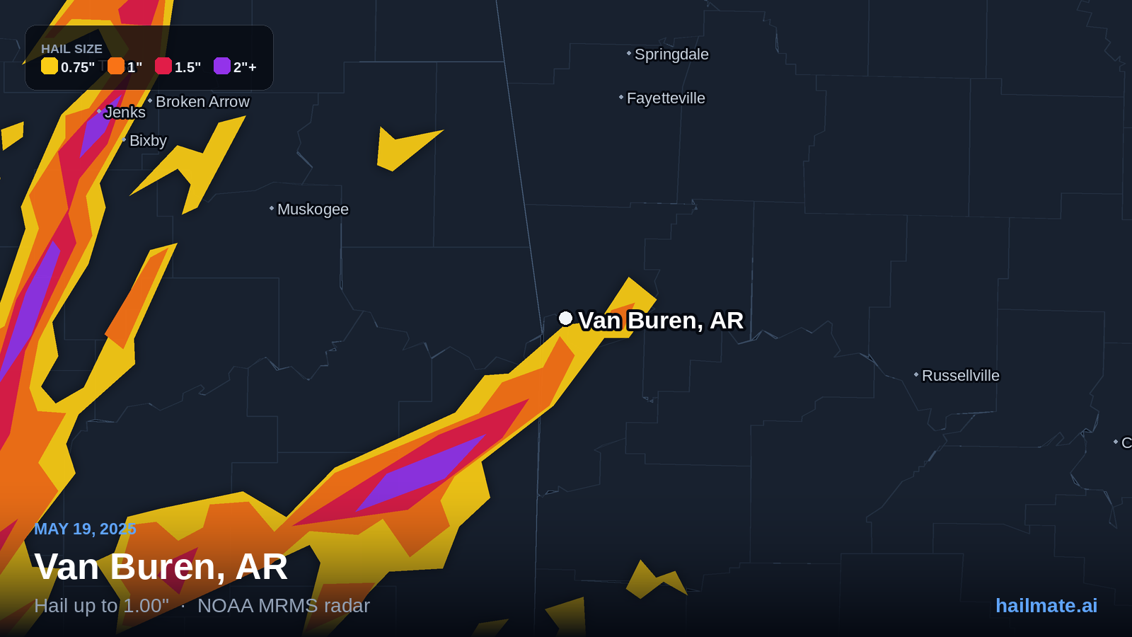 Hail swath map for Van Buren, AR on May 19, 2025 showing 1.00 inch hail.