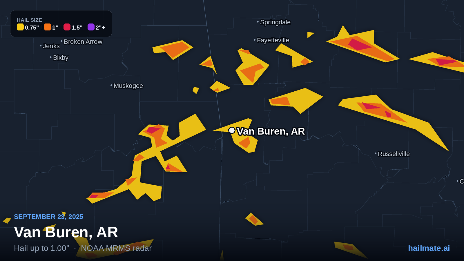 Hail swath map for Van Buren, AR on September 23, 2025 showing 1.00 inch hail.