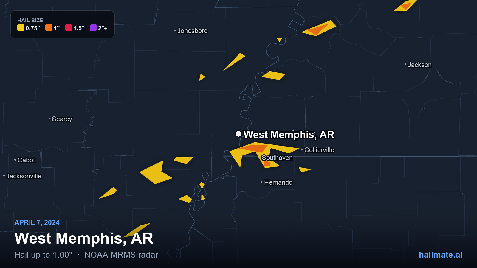 Hail swath map for West Memphis, AR on April 7, 2024 showing 1.00 inch hail.