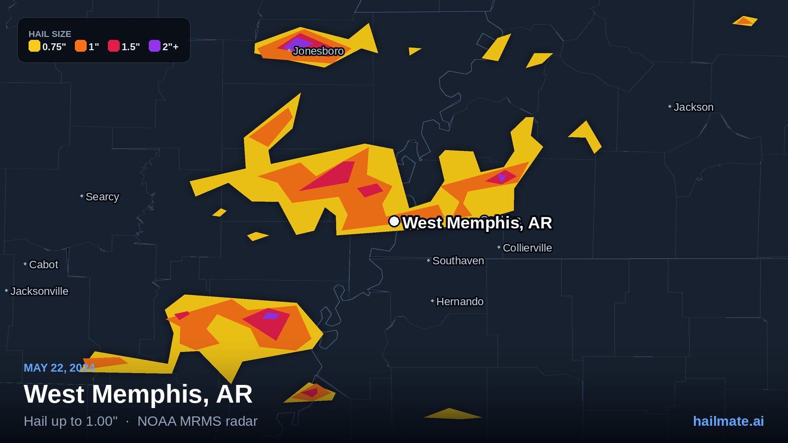 Hail swath map for West Memphis, AR on May 22, 2024 showing 1.00 inch hail.
