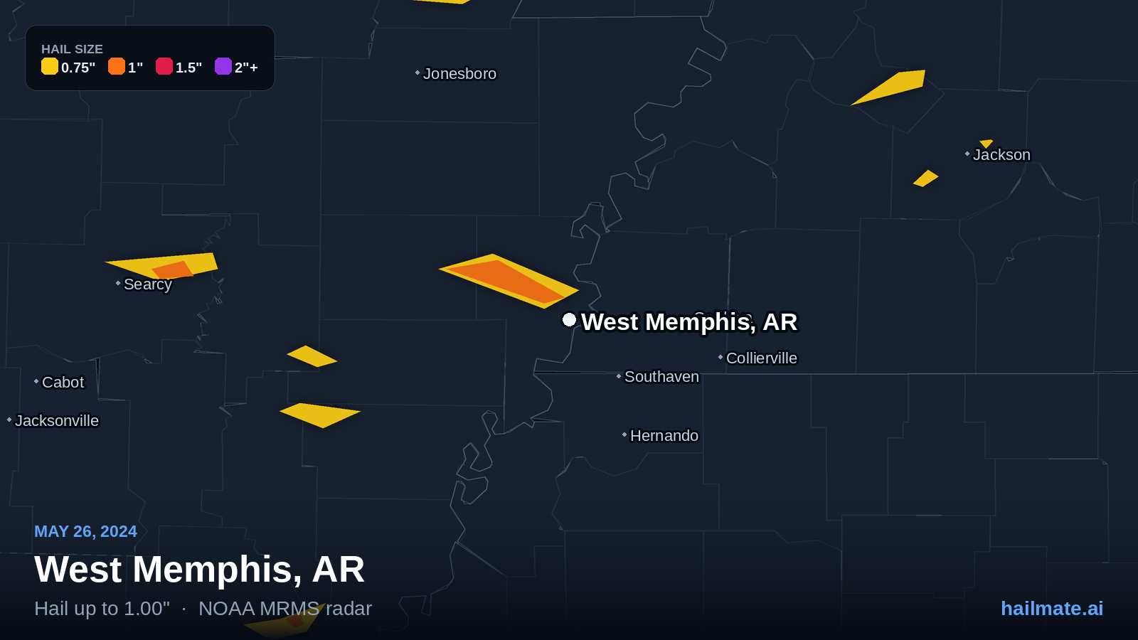 Hail swath map for West Memphis, AR on May 26, 2024 showing 1.00 inch hail.