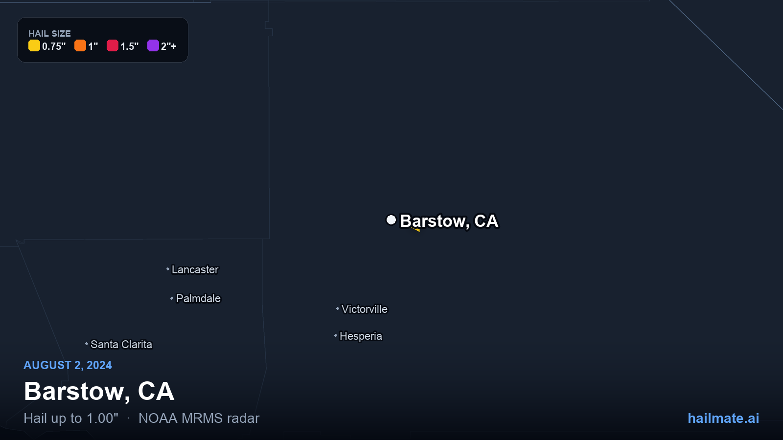 Hail swath map for Barstow, CA on August 2, 2024 showing 1.00 inch hail.