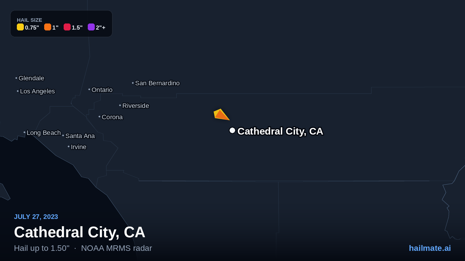 Hail swath map for Cathedral City, CA on July 27, 2023 showing 1.50 inch hail.
