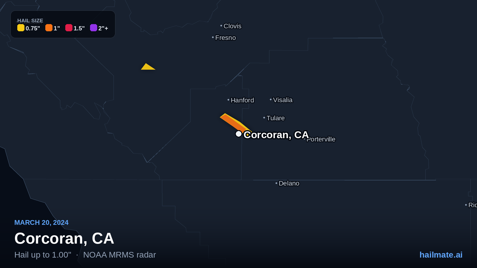 Hail swath map for Corcoran, CA on March 20, 2024 showing 1.00 inch hail.