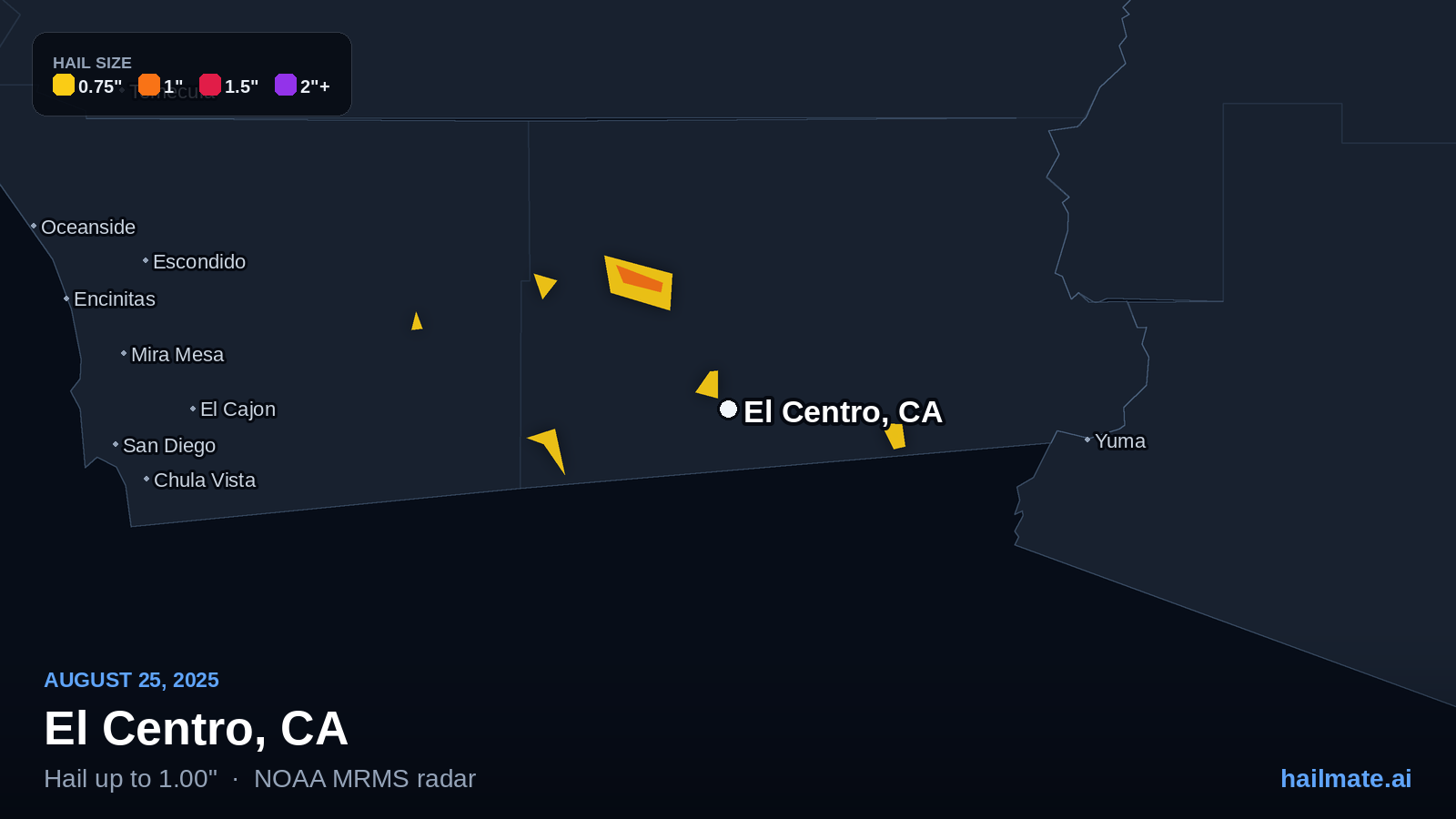 Hail swath map for El Centro, CA on August 25, 2025 showing 1.00 inch hail.