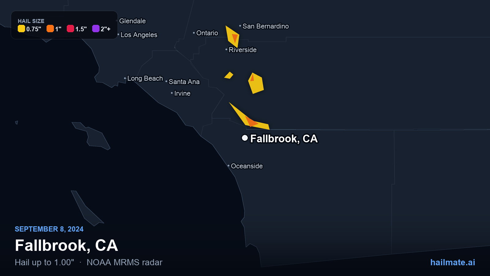 Hail swath map for Fallbrook, CA on September 8, 2024 showing 1.00 inch hail.