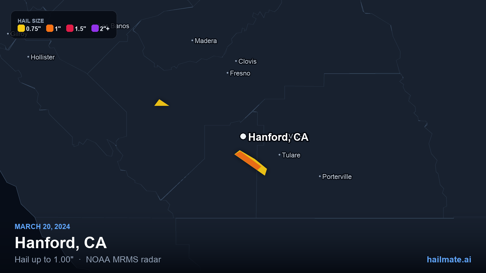 Hail swath map for Hanford, CA on March 20, 2024 showing 1.00 inch hail.
