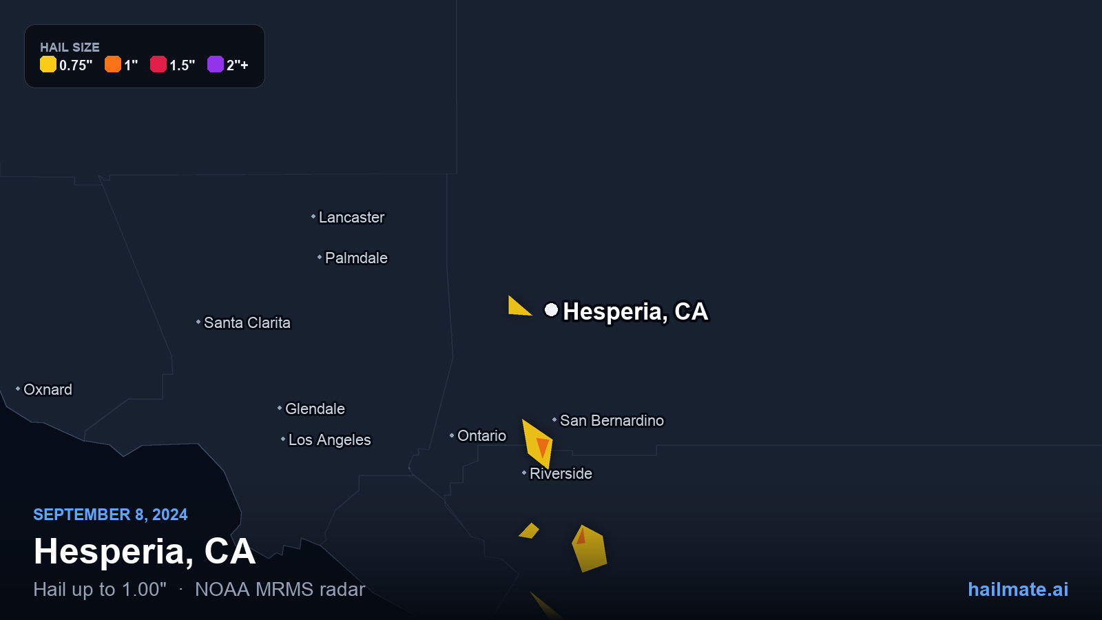 Hail swath map for Hesperia, CA on September 8, 2024 showing 1.00 inch hail.