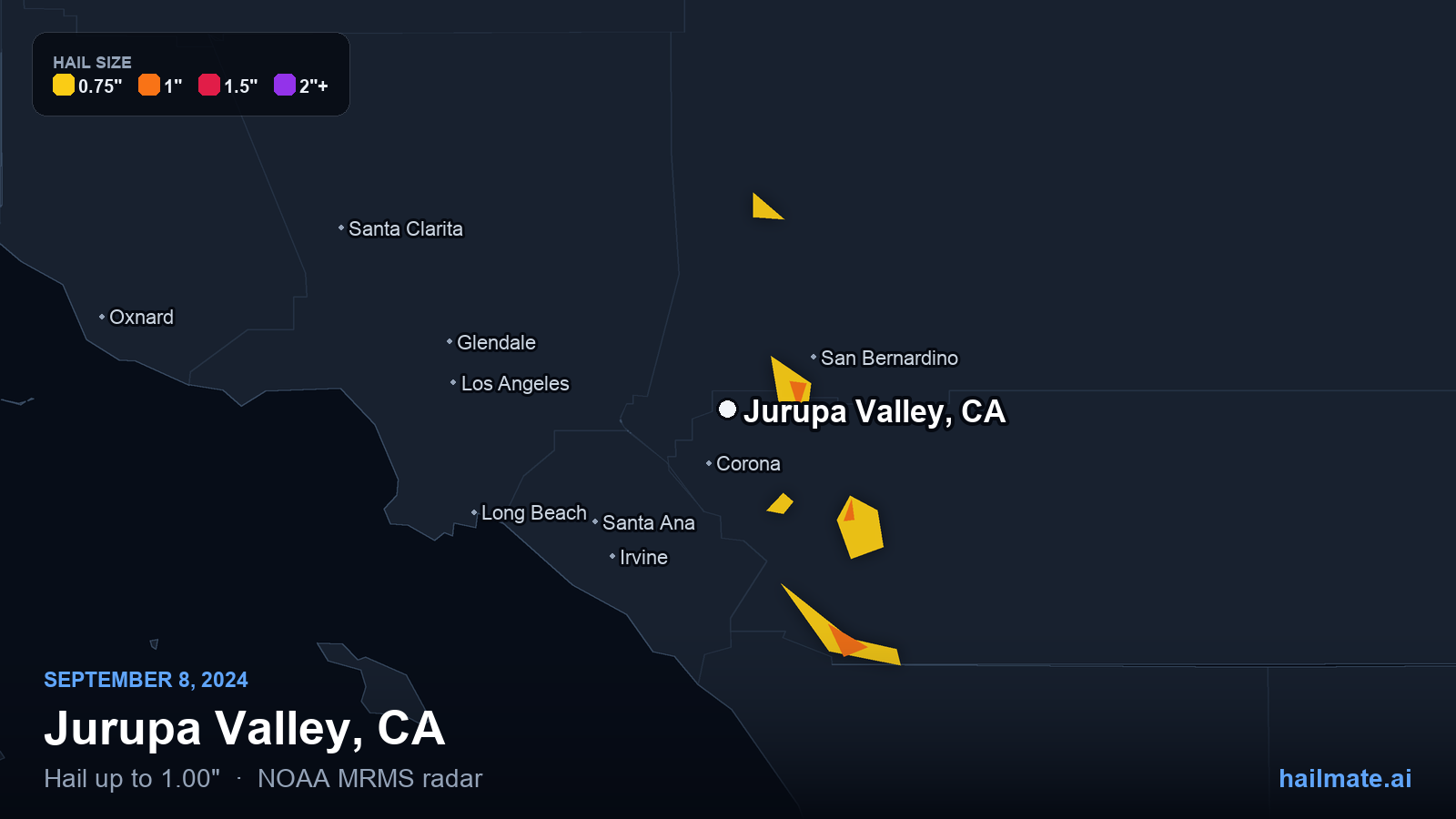 Hail swath map for Jurupa Valley, CA on September 8, 2024 showing 1.00 inch hail.