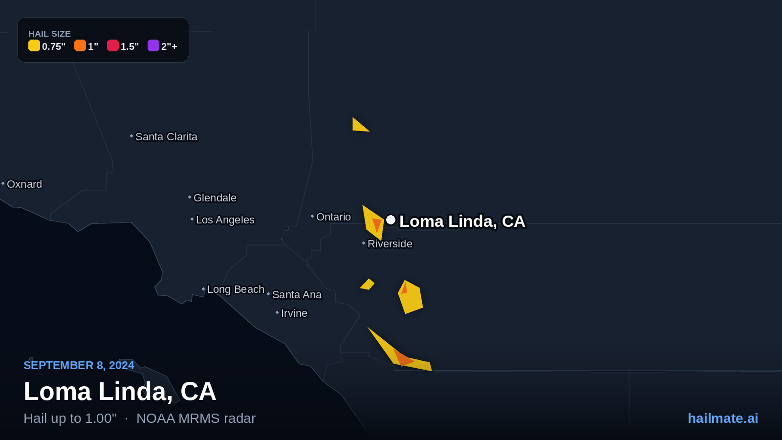 Hail swath map for Loma Linda, CA on September 8, 2024 showing 1.00 inch hail.