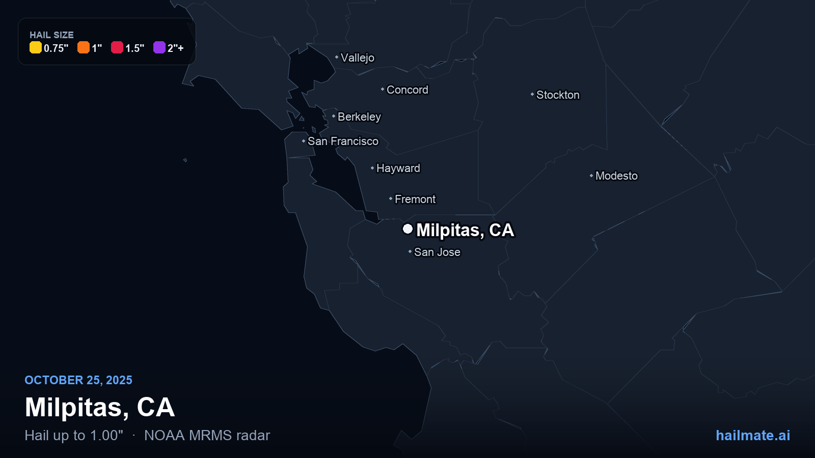Hail swath map for Milpitas, CA on October 25, 2025 showing 1.00 inch hail.