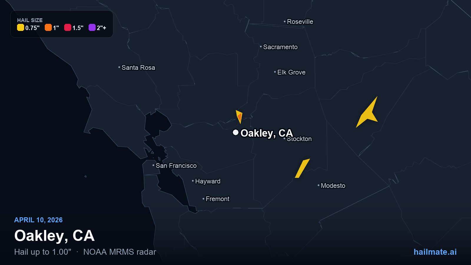 Hail swath map for Oakley, CA on April 10, 2026 showing 1.00 inch hail.