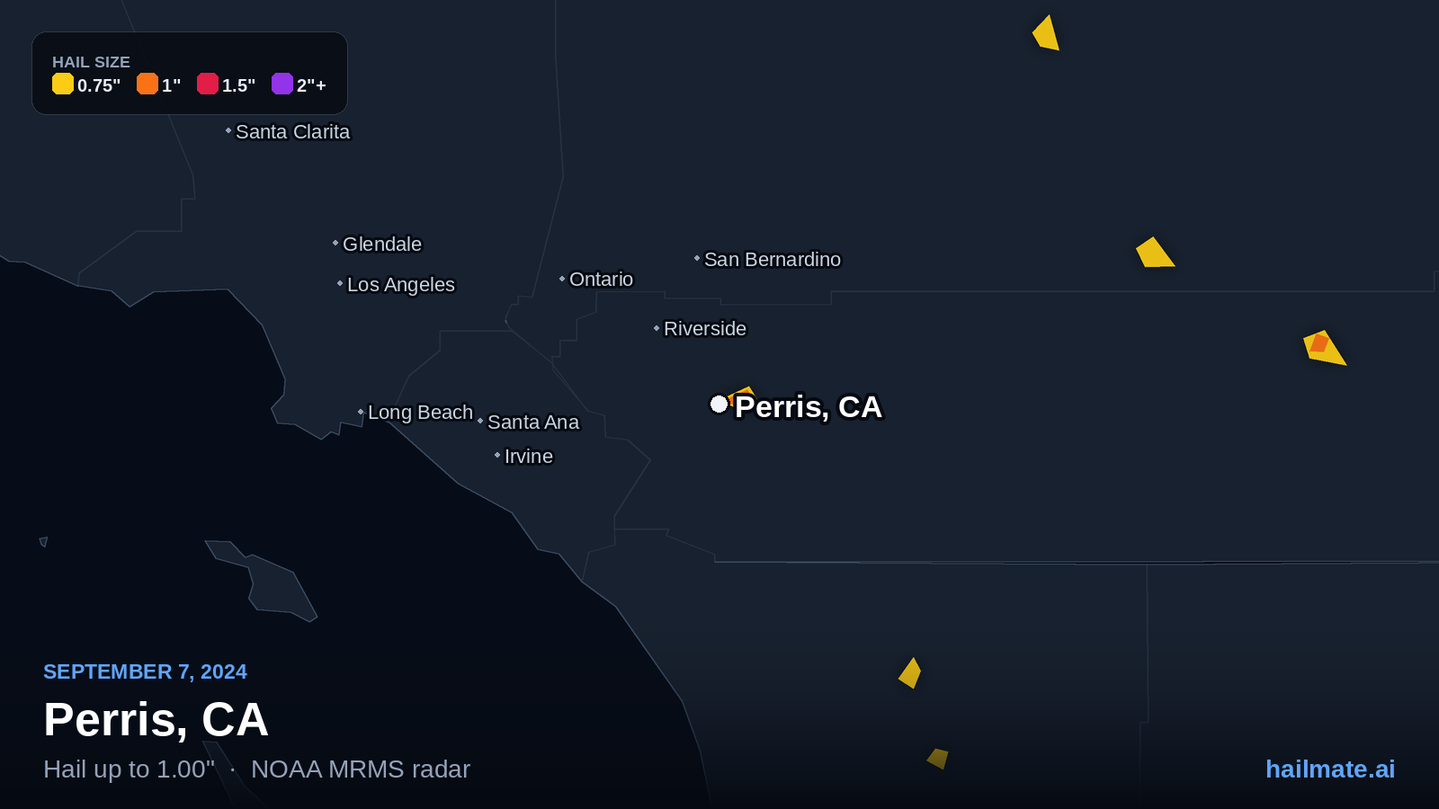 Hail swath map for Perris, CA on September 7, 2024 showing 1.00 inch hail.