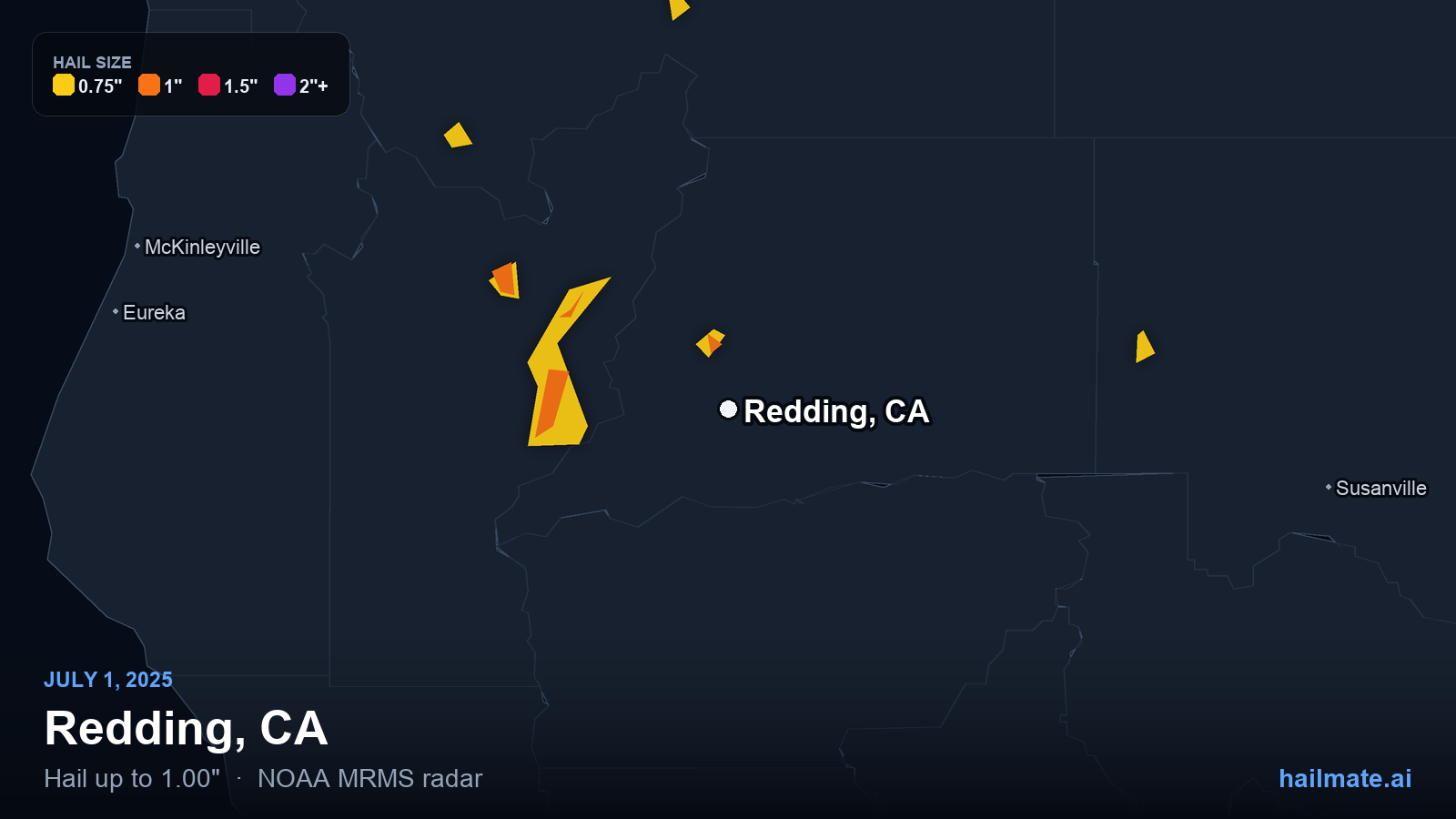 Hail swath map for Redding, CA on July 1, 2025 showing 1.00 inch hail.