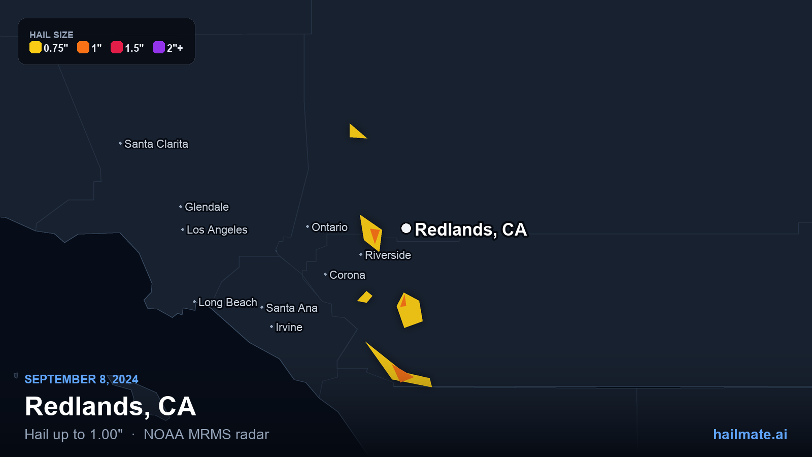 Hail swath map for Redlands, CA on September 8, 2024 showing 1.00 inch hail.