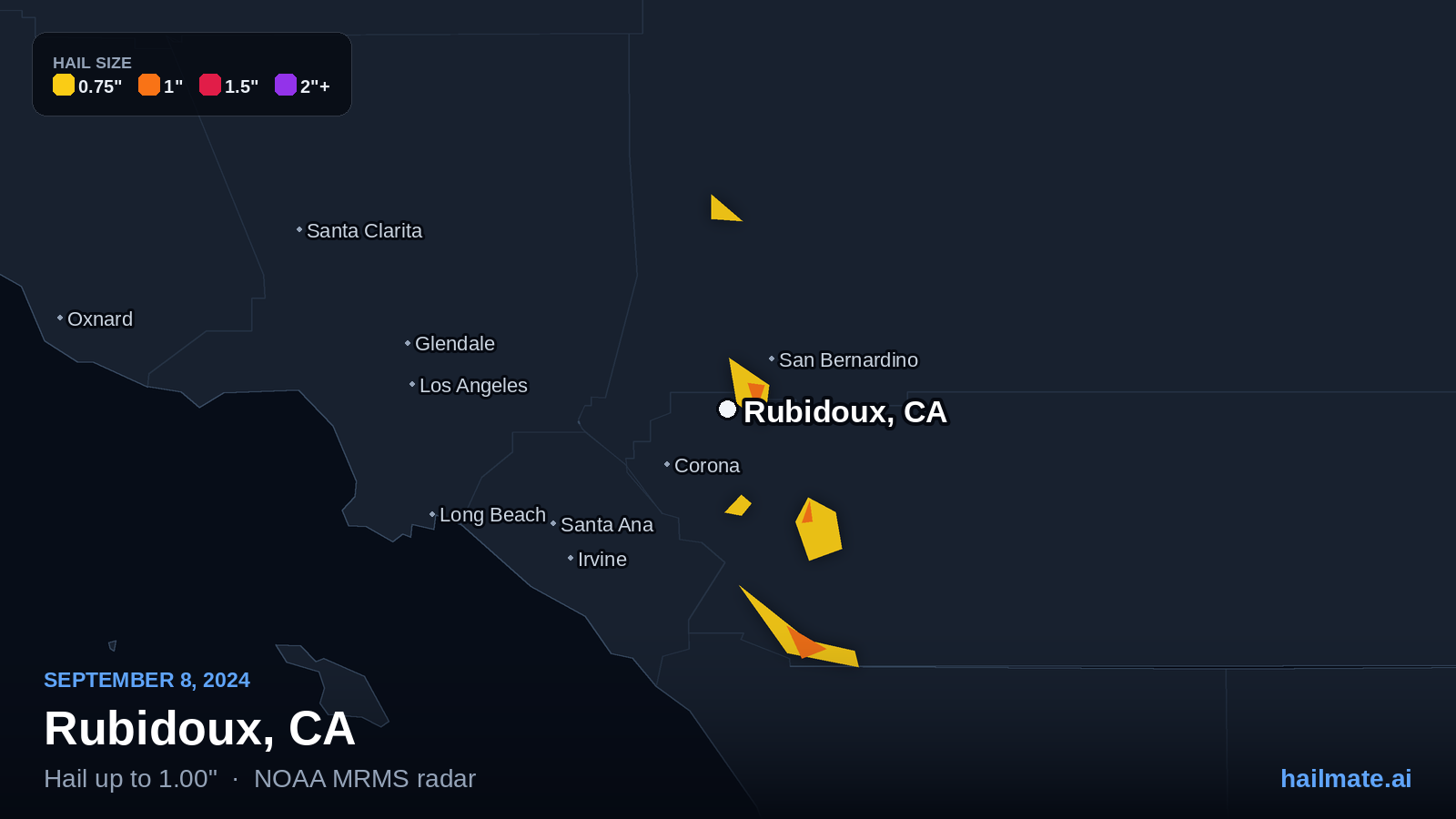 Hail swath map for Rubidoux, CA on September 8, 2024 showing 1.00 inch hail.