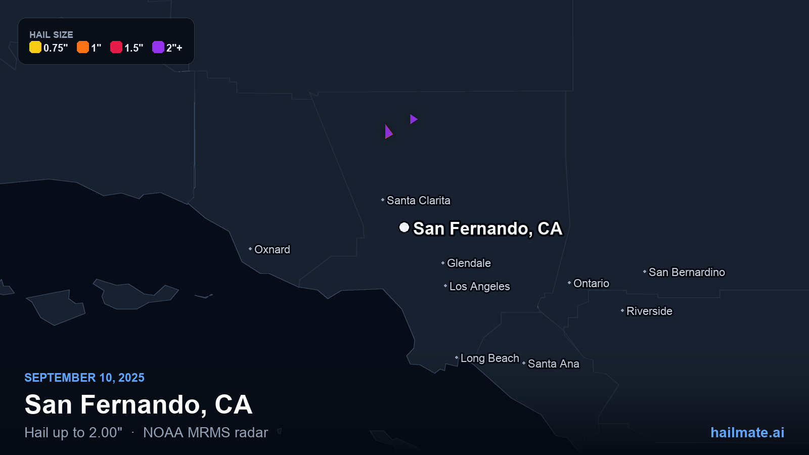 Hail swath map for San Fernando, CA on September 10, 2025 showing 2.00 inch hail.