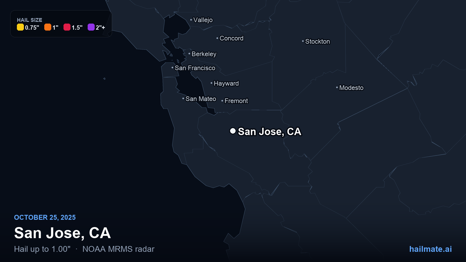 Hail swath map for San Jose, CA on October 25, 2025 showing 1.00 inch hail.