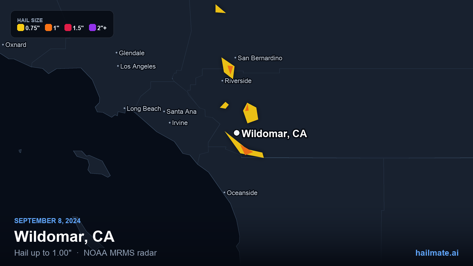 Hail swath map for Wildomar, CA on September 8, 2024 showing 1.00 inch hail.