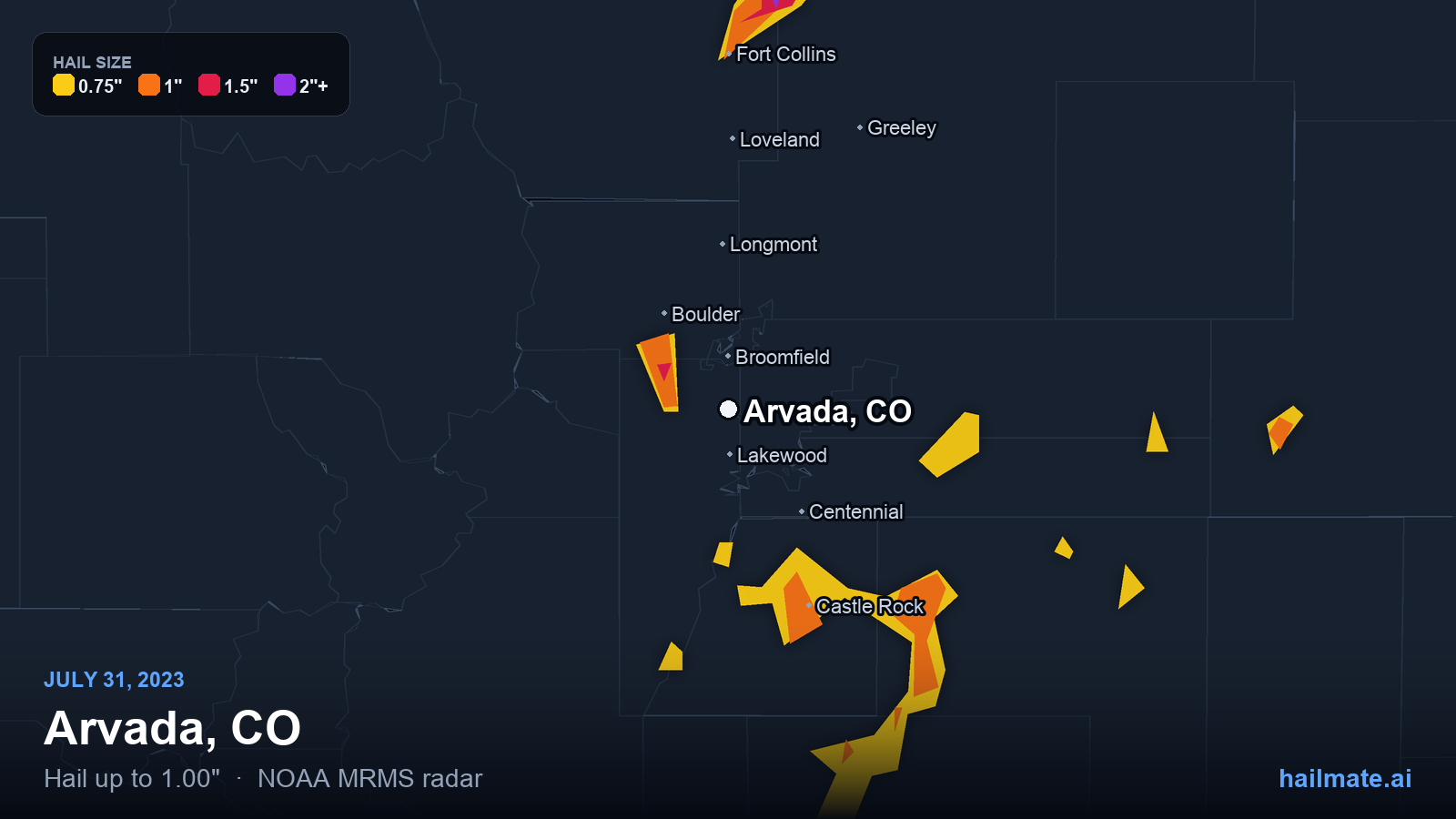 Hail swath map for Arvada, CO on July 31, 2023 showing 1.00 inch hail.