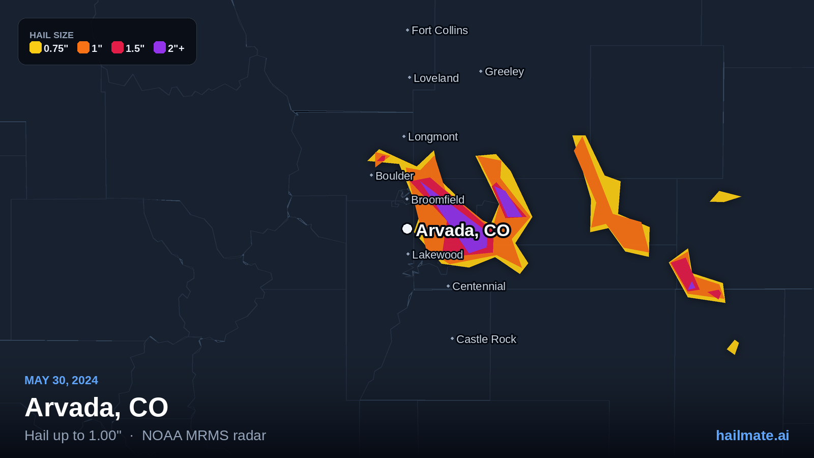 Hail swath map for Arvada, CO on May 30, 2024 showing 1.00 inch hail.