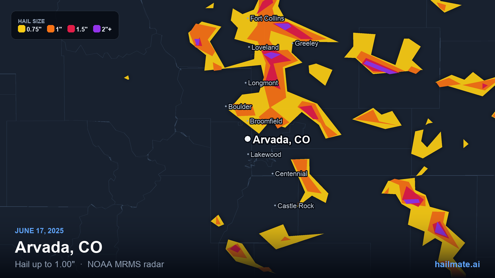 Hail swath map for Arvada, CO on June 17, 2025 showing 1.00 inch hail.