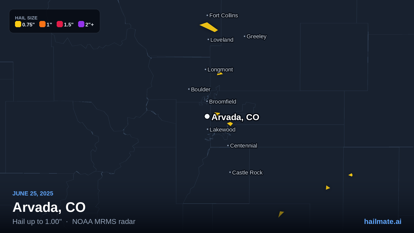 Hail swath map for Arvada, CO on June 25, 2025 showing 1.00 inch hail.