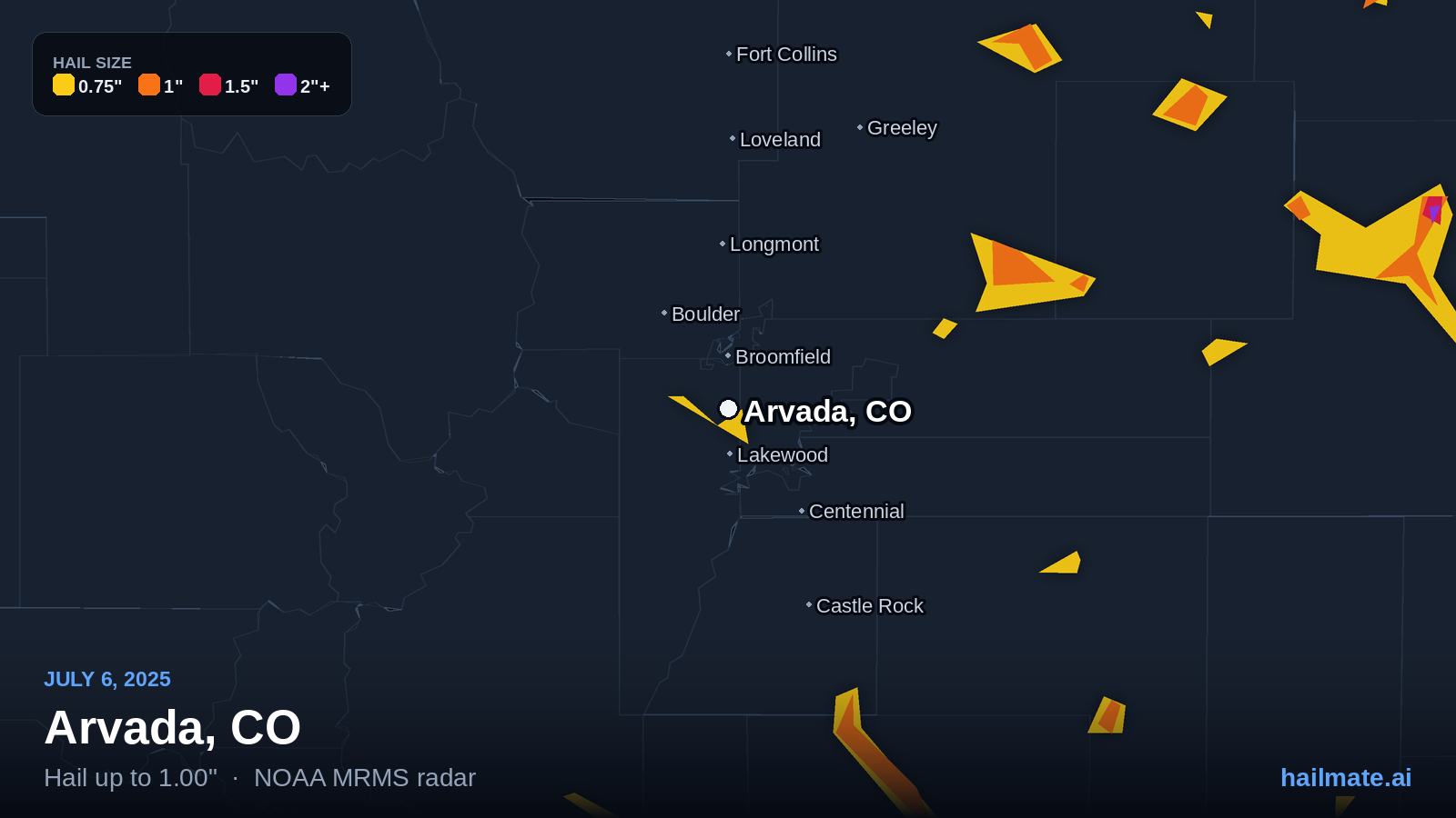 Hail swath map for Arvada, CO on July 6, 2025 showing 1.00 inch hail.