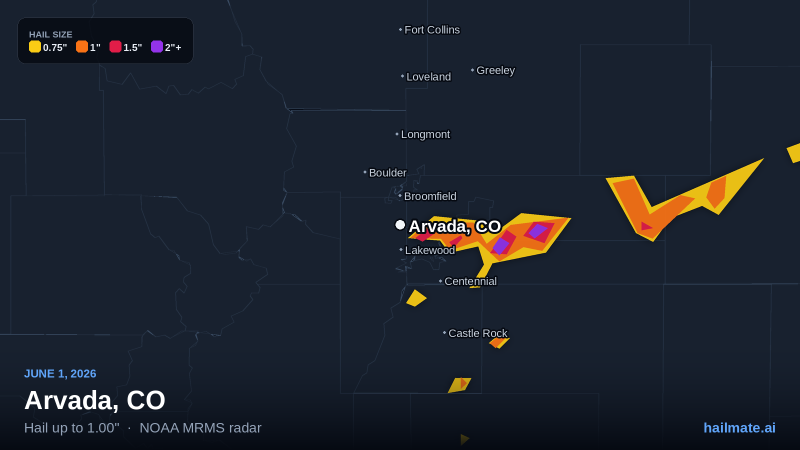 Hail swath map for Arvada, CO on June 1, 2026 showing 1.00 inch hail.