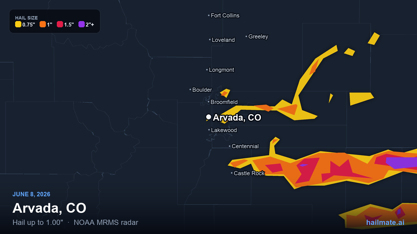 Hail swath map for Arvada, CO on June 8, 2026 showing 1.00 inch hail.