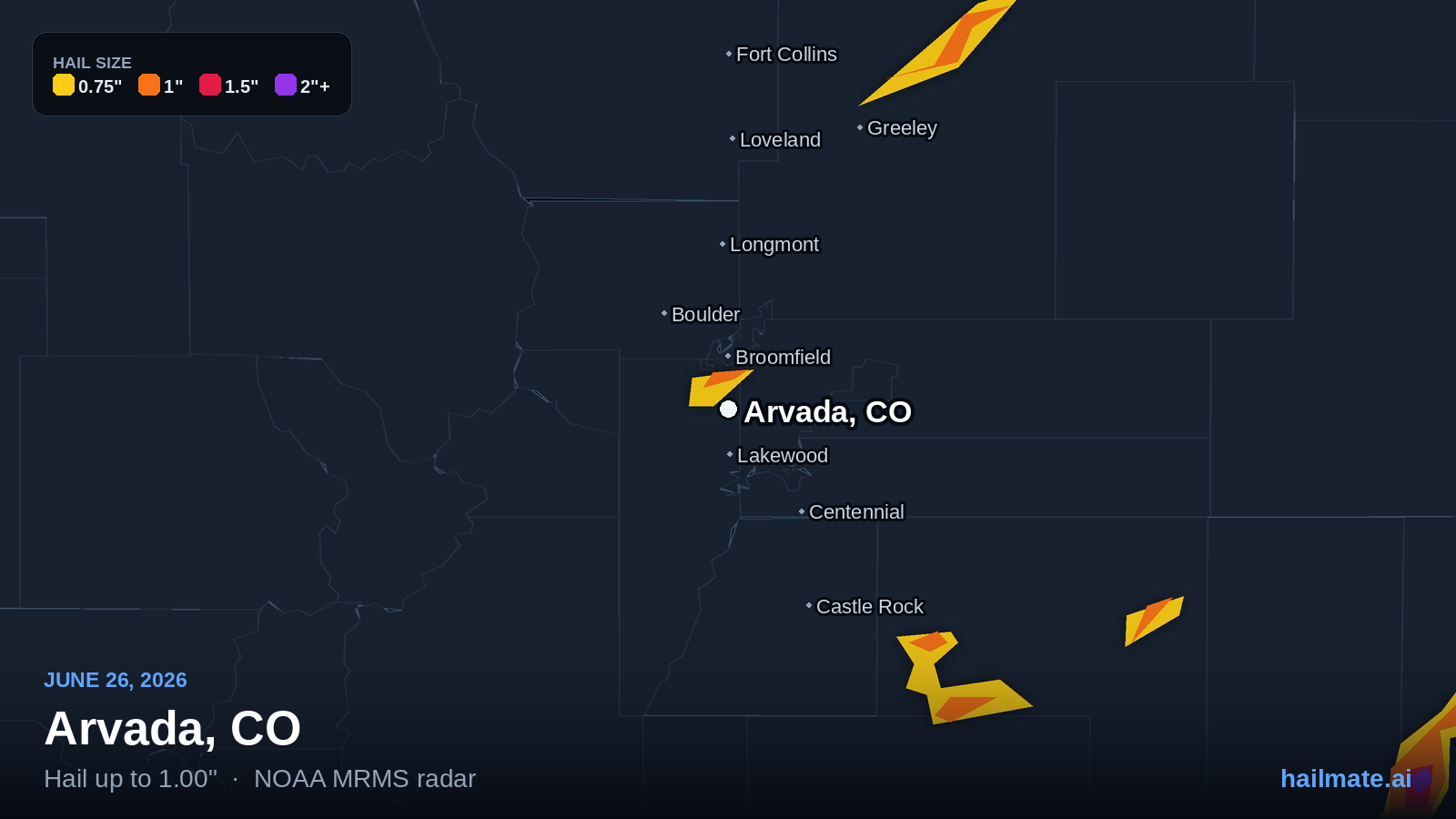 Hail swath map for Arvada, CO on June 26, 2026 showing 1.00 inch hail.