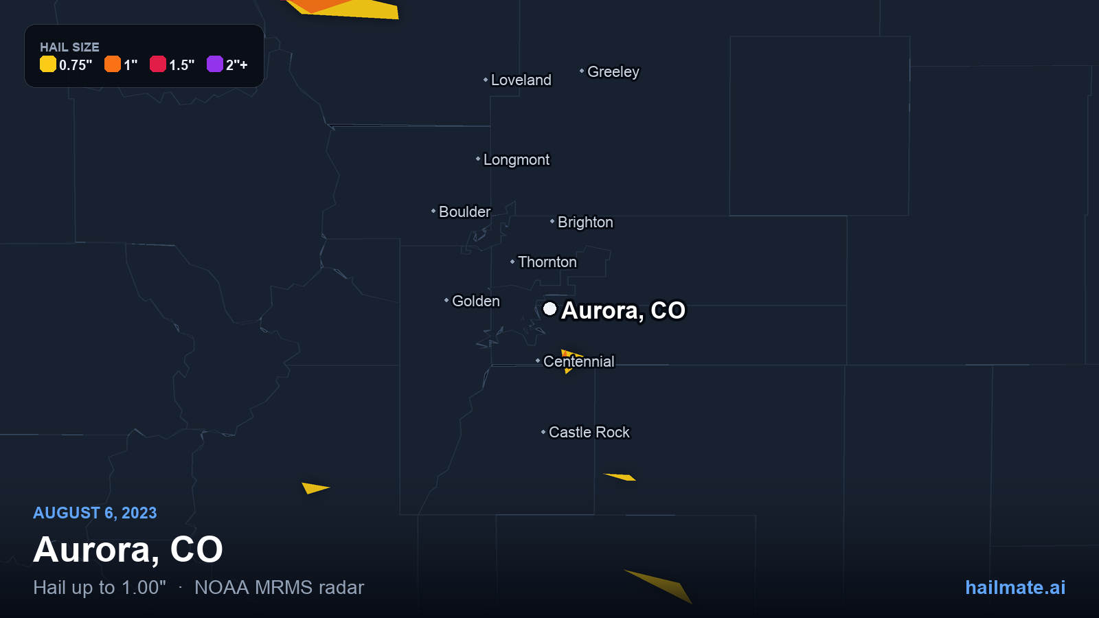Hail swath map for Aurora, CO on August 6, 2023 showing 1.00 inch hail.