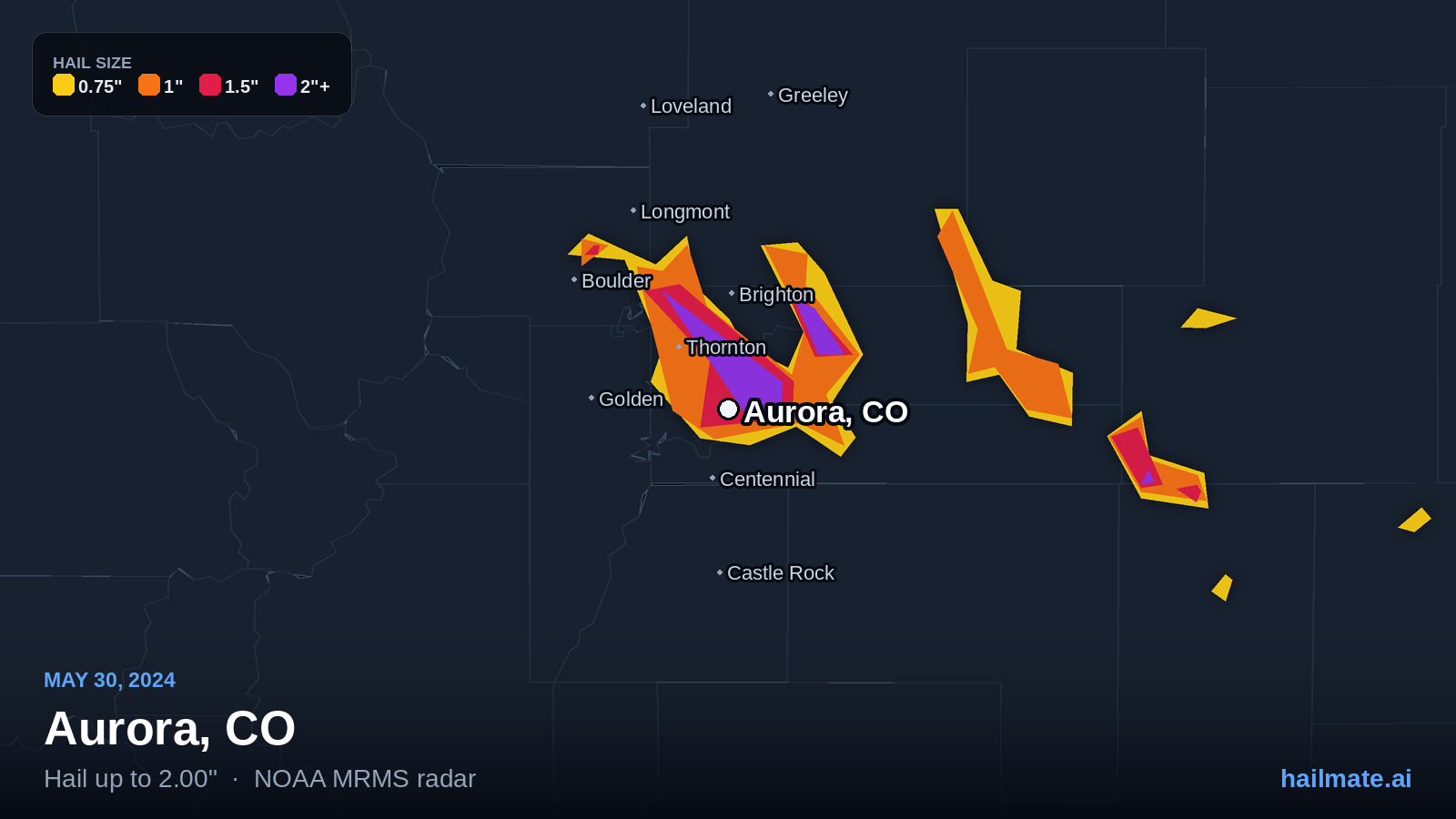 Hail swath map for Aurora, CO on May 30, 2024 showing 2.00 inch hail.