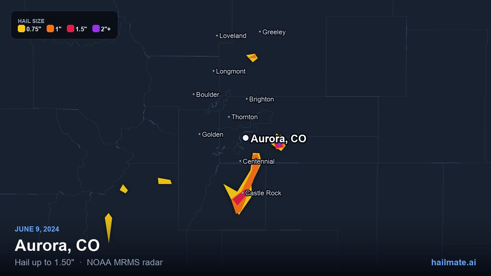 Hail swath map for Aurora, CO on June 9, 2024 showing 1.50 inch hail.