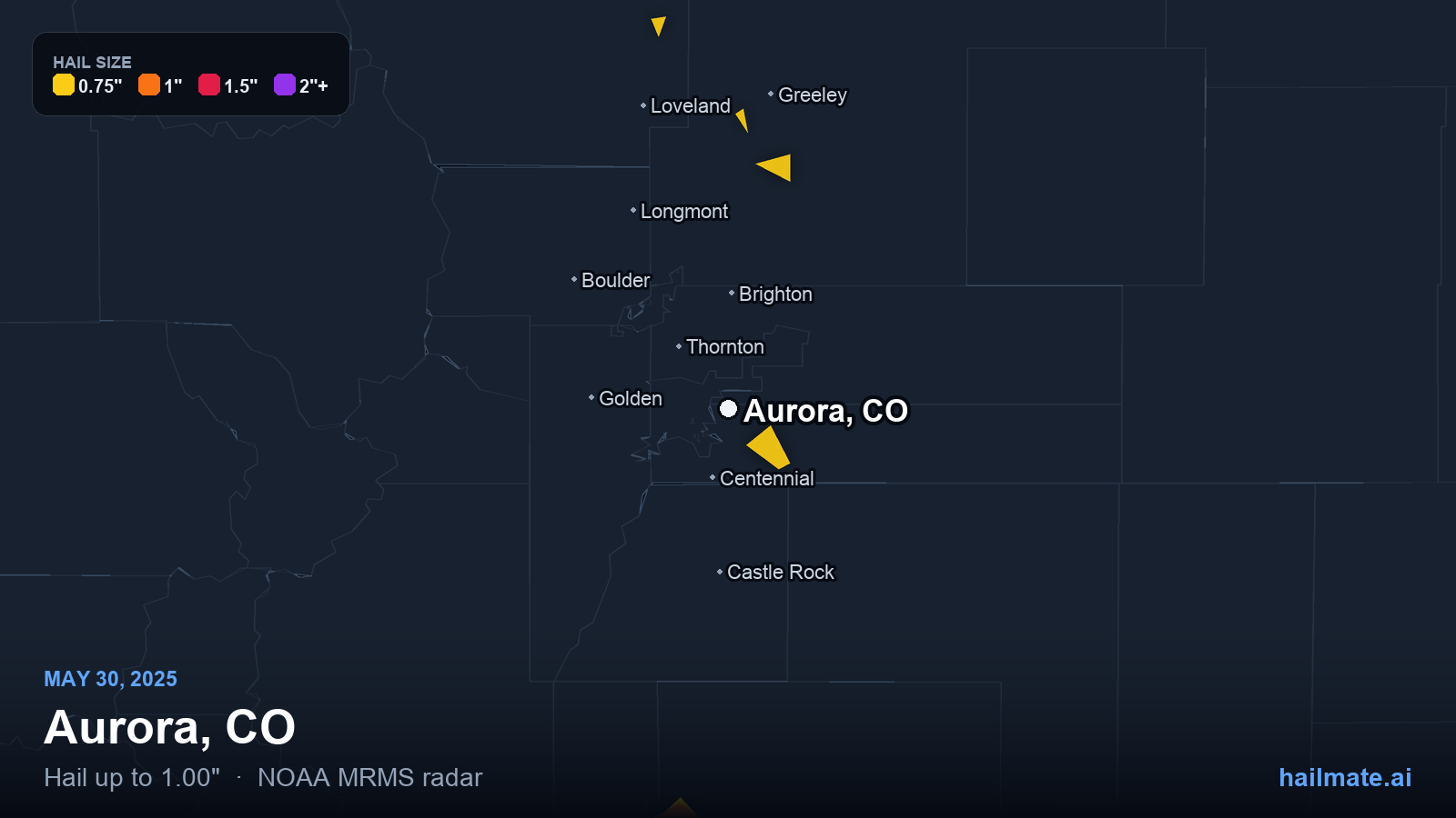 Hail swath map for Aurora, CO on May 30, 2025 showing 1.00 inch hail.