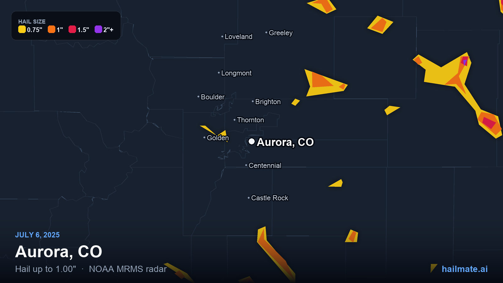 Hail swath map for Aurora, CO on July 6, 2025 showing 1.00 inch hail.