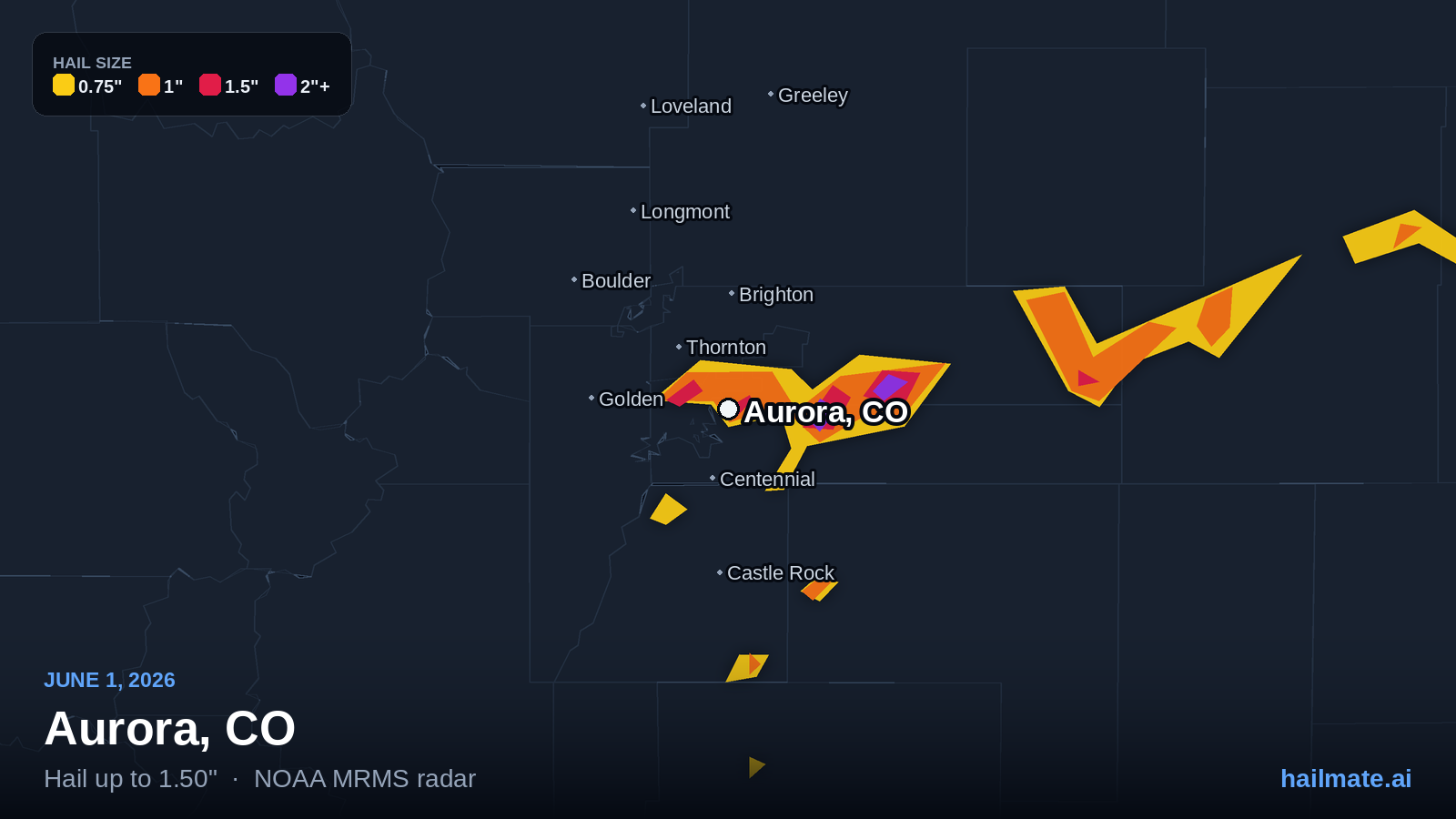 Hail swath map for Aurora, CO on June 1, 2026 showing 1.50 inch hail.