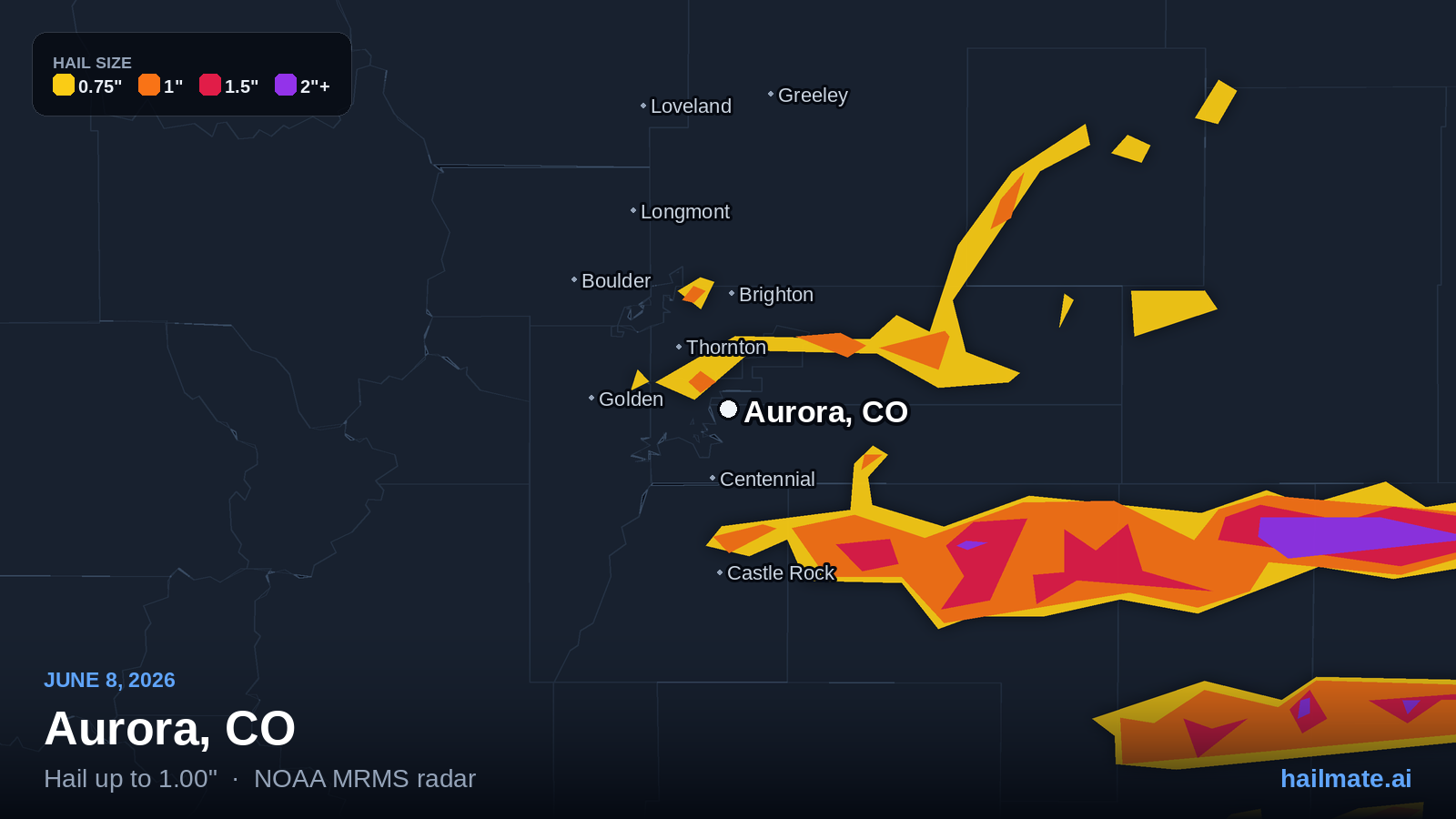 Hail swath map for Aurora, CO on June 8, 2026 showing 1.00 inch hail.