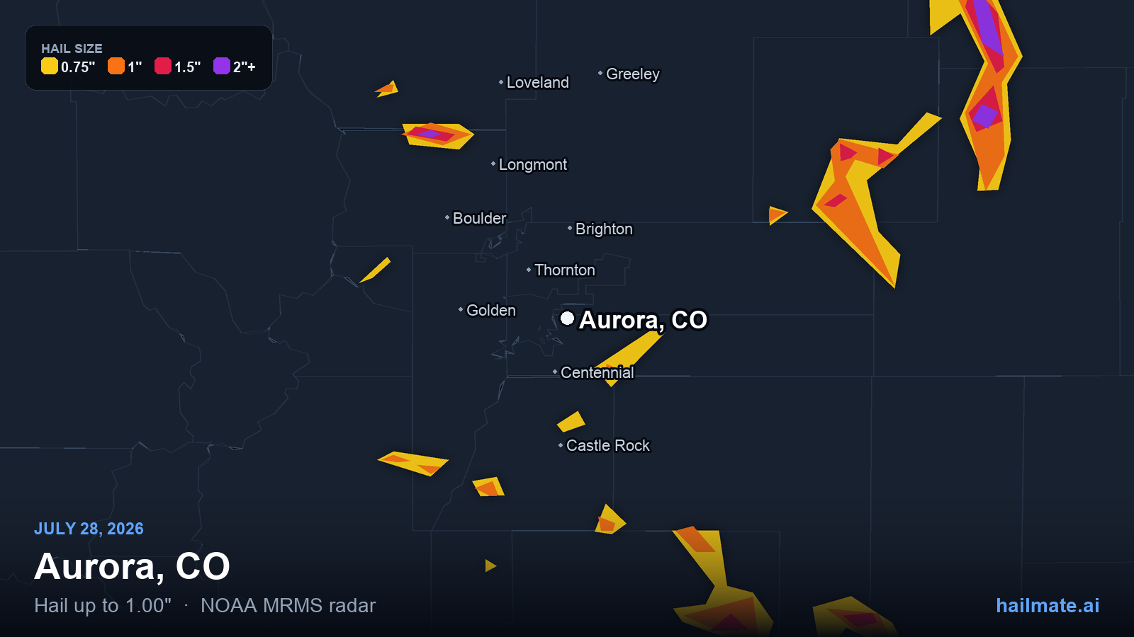 Hail swath map for Aurora, CO on July 28, 2026 showing 1.00 inch hail.