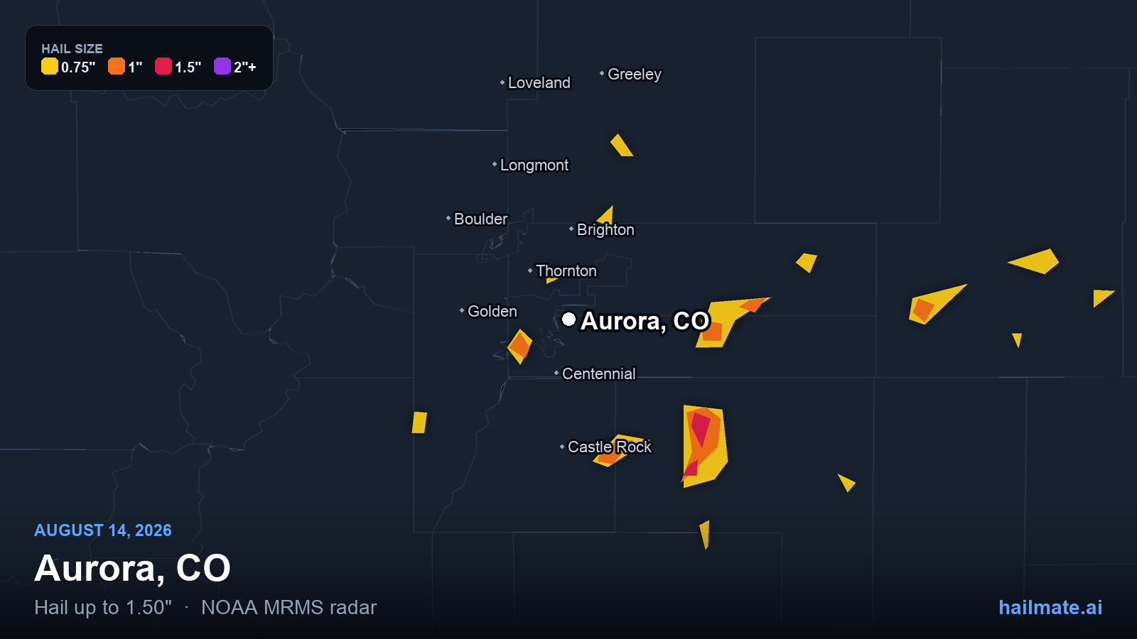 Hail swath map for Aurora, CO on August 14, 2026 showing 1.50 inch hail.